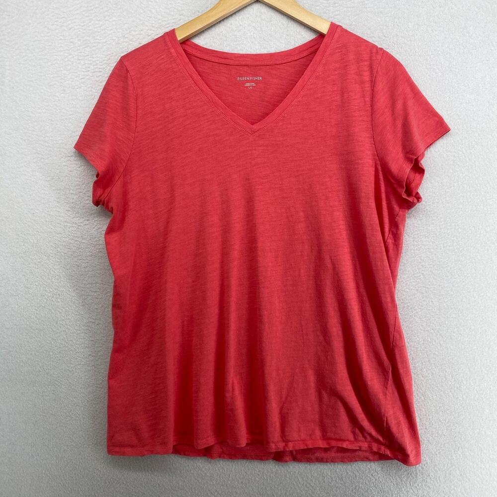 EILEEN FISHER Top L Slub Organic Cotton Jersey V-Neck Short Sleeve Coral Red